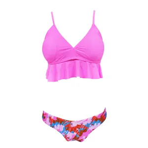 2024 New Vendor Swimwear Pink Two Piece Swim Sets Fresh Flower Print Bikini Cheeky Bottom Ruffle Top beachwear