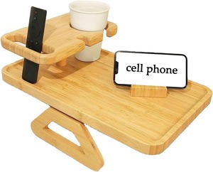 Plateau d'accoudoir de canapé en bambou premium, facile à nettoyer, avec support pour téléphone et porte-gobelet, pour salon - Product Image 1