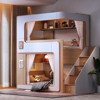 Cama litera infantil LED futurista moderna con escaleras de almacenamiento, cajones, estantería, muebles para dormitorio infantil, cama doble.