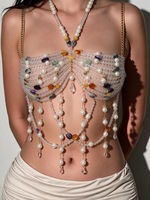 Harnais de corps fait main style sirène, orné de pierres précieuses colorées, de perles et de pampilles en cristal, avec chaîne de soutien-gorge intégrée, idéal pour tenue de rave