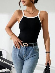 OEM Custom Logo Wholesale Ribbed Knit Cotton Black <strong>White</strong> Color Block Casual Asymmetrical <strong>Backless</strong> Women's Slim Fit Tank <strong>Top</strong> - Product Image 4