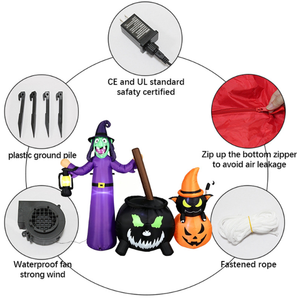 Combo Inflable de Bruja de Halloween: Vestido Morado con Sombrero de Caldero, Gato Negro y Calabaza Luminosa para Decoración de Jardín y Tienda - Product Image 6