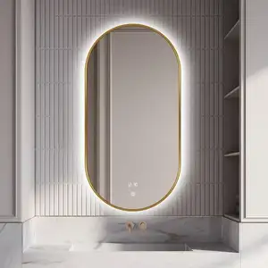 Hotel Wall Mounted Oval Bath Mirror Gold Frame smart led mirror Defogger Lighted upVaniity Bathroom Mirror