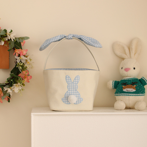 Sac à bonbons personnalisé rose bleu mignon seau à œufs paniers de pâques à carreaux avec garniture <span class=keywords><strong>pompon</strong></span> - Product Image 4