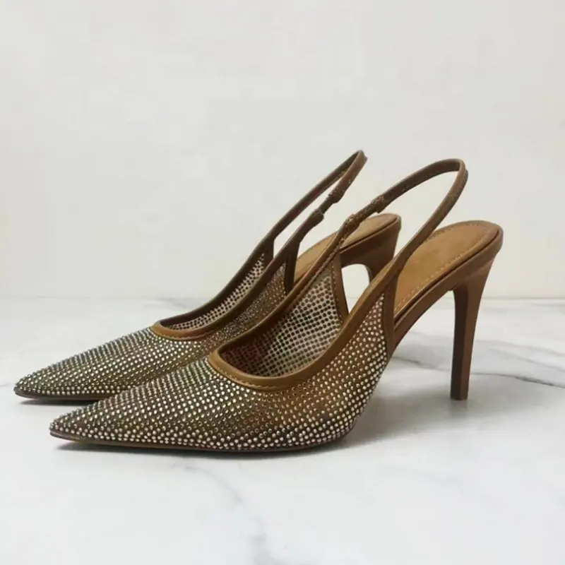 Nâu thời trang sáng lưới mở Gót Cao Gót Mũi Nhọn Slingbacks dép phụ nữ Giày