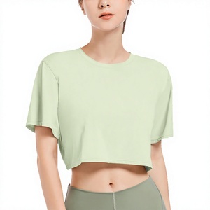 <b>Women's</b> Crop Top Solid Color Crew Neck Short Sleeve Loose Fit Casual T-Shirt With Custom Logo Print Breathable Knitted Fabric - Product Image 2