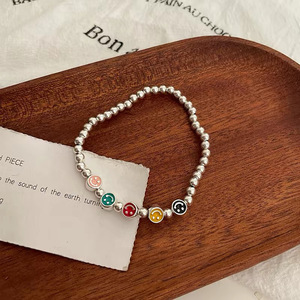 S925 Sterling Silver <b>Rainbow</b> Smiley Face Beaded <b>Bracelet</b> Unisex Everyday Wear Jewelry - Product Image 2