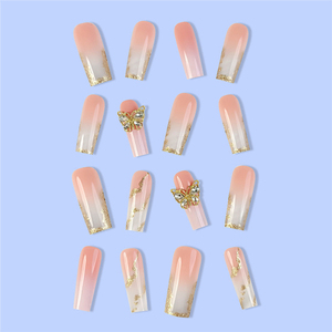 Franse 3d Vlinder Goud Sprankelende Poeder Nagel Op Pers 24 Stuks Met Doos Lange Volledige Cover Pers Op Nagel - Product Image 3