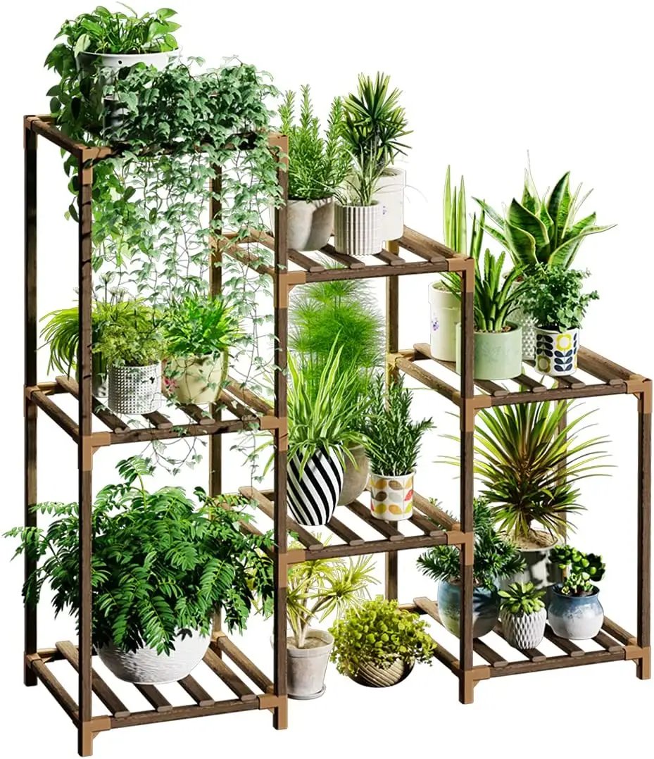 3層のはしご植物サポート、窓、庭、バルコニーのリビングルーム用の木製屋外階層棚さまざまな植物