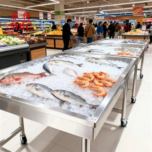 Mbc thép không gỉ hiển thị nền tảng với bánh xe siêu thị thực phẩm Cá Tôm hiển thị tủ hiển thị đứng nền tảng hoạt động - Product Image 3