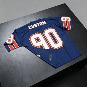 เสื้อฟุตบอลแขนสั้นสีน้ำเงินสำหรับผู้ชายแบบสั่งทำพิเศษหมายเลข 90 พิมพ์ลายสกรีน ขอบตัดสี คอกลม ทรงปกติ - Product Image 6