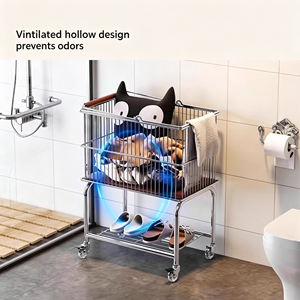 Rolling Laundry Cart With Wheels Heavy Duty Stainless Steel Hamper Trolley Mobile Clothes Storage Organizer With Bottom <b>Shelf</b> - Product Image 4