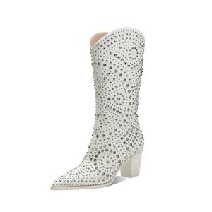 أحذية رعاة البقر نسائية متوسطة الساق باللون الأبيض والأسود مع إصبع مدبب حجر الراين ديكور عالي الركبة لفصل الشتاء والخريف والصيف - Product Image 2