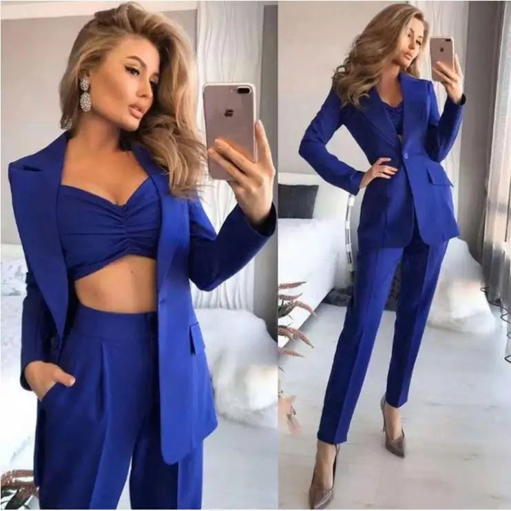 Conjunto de tres piezas para mujer, blazer y pantalones con bolsillos para oficina, elegante, a la moda, para primavera, 2022