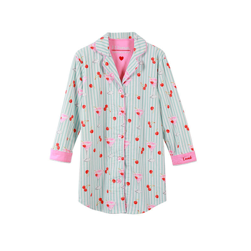 ชุดนอนผ้าฝ้ายขัดเรียบ ลายเชอร์รี่ไวน์