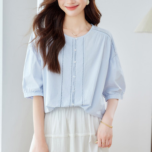 Chemise en coton bleu clair pour femme, manches courtes, nouvelle collection été 2026, coupe ample, manches lanternes, 100% coton - Product Image 3