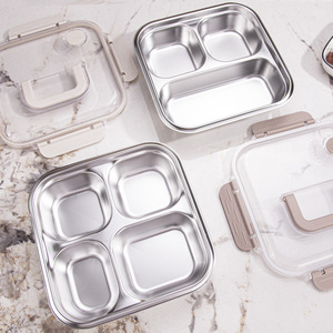 304 Stainless Steel Compartmentalized <b>Lunch</b> <b>Box</b> With Plastic Lid Rectangle For Office And Student Use - Product Image 1