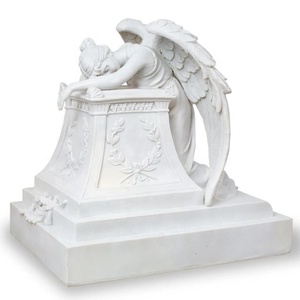 Estatua de Ángel guardián blanco de tamaño real cementerio moderno arrodillado llorando figuritas de oración de granito grande Venta de lápida - Product Image 1