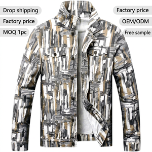 Veste en jean décontractée pour homme, col montant, imprimée, simple boutonnage, coupe ajustée, longueur standard, style décontracté, en promotion - Product Image 1