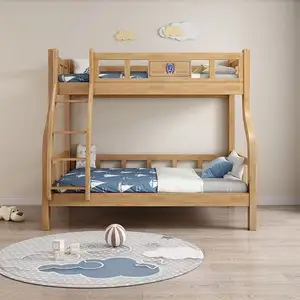 Cama doble de madera de caucho para adultos y niños, marco de cama loft doble personalizado de fábrica para niños