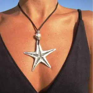 New Beach Vacation grande Starfish Prata Cor liga Metal Pingente Colares para Mulheres Moda Vintage Couro homens gargantilha Jóias