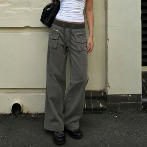 Pantalon cargo en denim pour femme, coupe ample, taille haute élastique avec empiècements côtelés extensibles, jean évasé multipoches style streetwear - Product Image 1