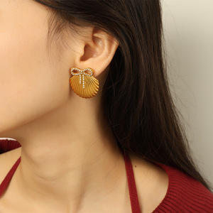 Stainless Steel Shell Bow Rhinestone Earrings And Necklace <b>Set</b> Women's Party Jewelry Fashion Gold Tone <b>Crystal</b> Claw Setting - Product Image 3