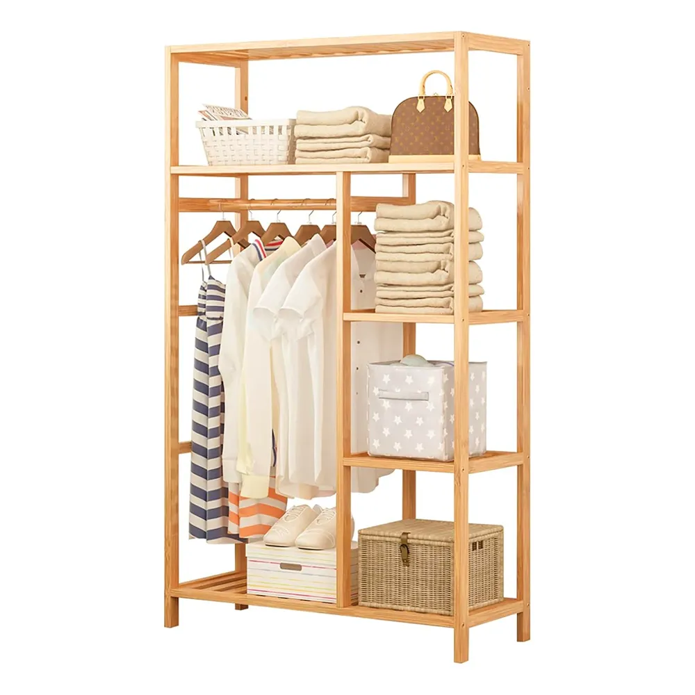 Бамбуковый стеллаж для одежды с верхней деревянной отделением для хранения, органайзер, стеллаж для одежды