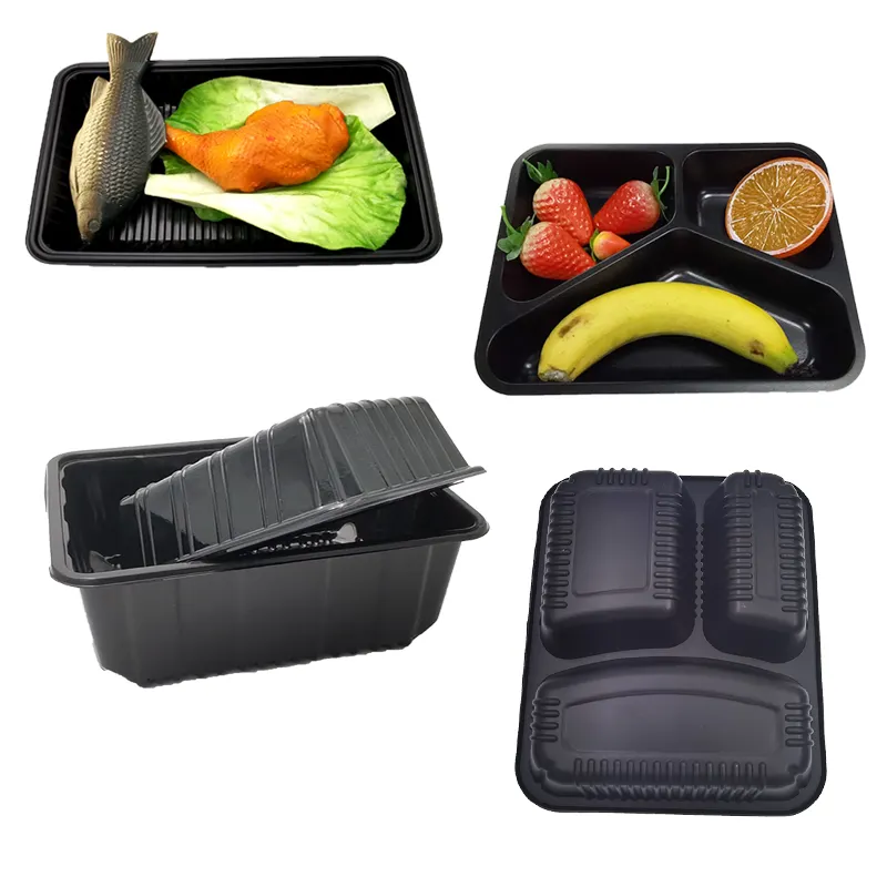 Blister black PP plastic microwavable frozen food packing tray box with lid