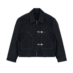 Chaqueta de mezclilla selvedge con logo personalizado para hombre, estilo Y2K, de invierno, gruesa, con botones de langosta, de mezclilla cruda, tipo bomber, con cremallera y gancho de cubierta. - Product Image 2