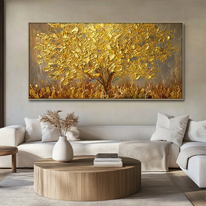 <span class=keywords><strong>Peinture</strong></span> à l'huile texturée moderne de luxe, grand format <span class=keywords><strong>sur</strong></span> <span class=keywords><strong>toile</strong></span>, peinte à la main, avec palette et couteau 3D, motif <span class=keywords><strong>arbre</strong></span> doré, pour décoration d'hôtel - Product Image 1