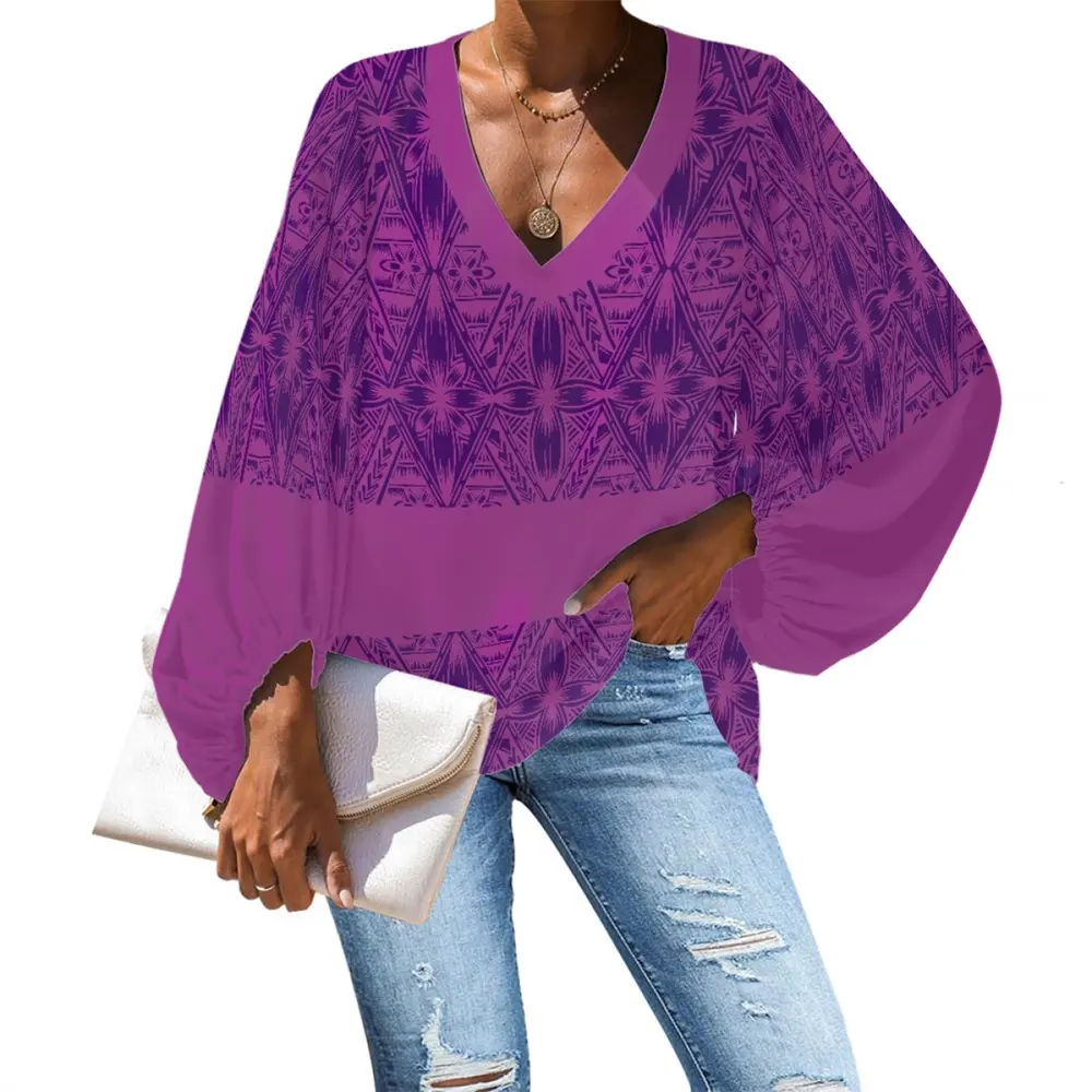 Purple Samoan Designs Polynesian Tribal Print Woman Shirts Blouses Custom Special Puff sleeve Blouses For Ladies Chiffon Blouses