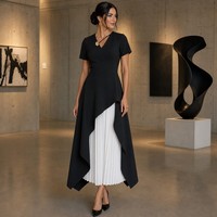 Robe midi vintage pour femme à taille empire avec manches courtes à volants, contraste noir et blanc, idéale pour le bureau