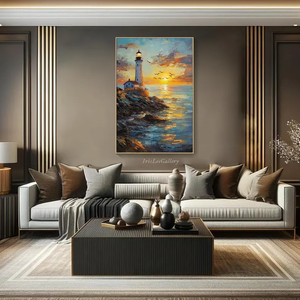 Pintado a mano puesta de sol pintura al óleo lienzo Costa paisaje marino playa faro escena decoración de pared - Product Image 4