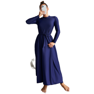 Vestido de Baño de Manga Larga Azul Marino para Mujer con Cintura Ajustable, Tejido, Modesto, para Playa, Color Sólido, Cuello Redondo, Largo Completo - Product Image 1