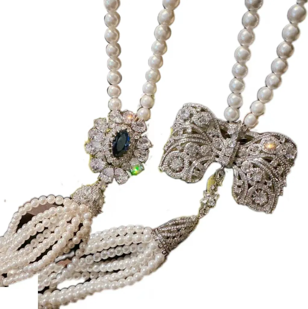 Neueste Luxus Schmuck Original Design 18 Karat vergoldete Blume Wasser tropfen Quasten Bowknot Schmetterling Edelstein Diamant Perle Halskette