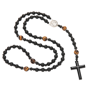 <span class=keywords><strong>Collana</strong></span> Unisex Vintage <span class=keywords><strong>con</strong></span> Pendente a Croce Religiosa, <span class=keywords><strong>Rosario</strong></span> Cattolico <span class=keywords><strong>con</strong></span> Perle in Pietra Lavica Nera Naturale da 8mm per Uomini e Donne - Product Image 1