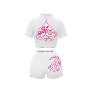 Conjunto de Dos Piezas para Mujer, Top Corto y Pantalones Cortos, Estampado de Esqueleto Negro y Rosa, Tejido Acanalado de Spandex y Poliéster, Manga Corta, Cuello Camisero - Product Image 5