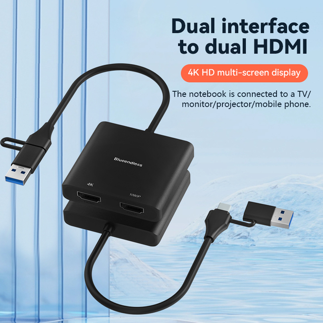 Portable Dual Display Adapter 2-in-1 Type C Hub Video Docking Station for HDMI 4K 30Hz 1080P 60Hz Compatible Windows Mac