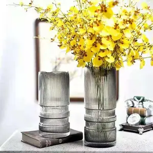 Vaso de vidro reto listrado vertical luxuoso, flores secas hidropônicas arranjo de flores