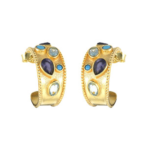 Multi Stone Gold Plated Brass Blue Topaz,Iolite and Turquoise Hoop <b>Earrings</b> , 20mm Hoops Women's Everyday Wear - Product Image 1