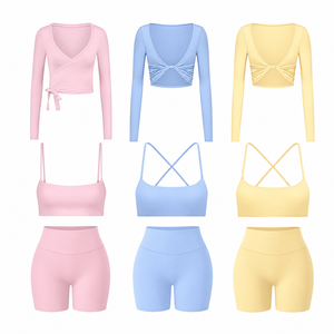 Women Premium Pastel Seamless Yoga Sets with Wrap Crop <b>Tops</b> <b>Cross</b> Back Sports Bras and High Waist Shorts for Fitness Brands - Product Image 1