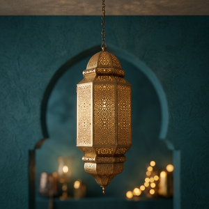 Lanterne suspendue marocaine en laiton artisanal, hexagonale, dorée, porte-bougie durable pour la décoration de la maison - Product Image 2