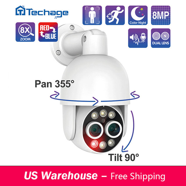 US Warehouse Techage 4MP+4MP PTZ Dual Lens POE IP Camera 8X Hybrid Zoom Auto Tracking Colorful Night Vision Security Camera