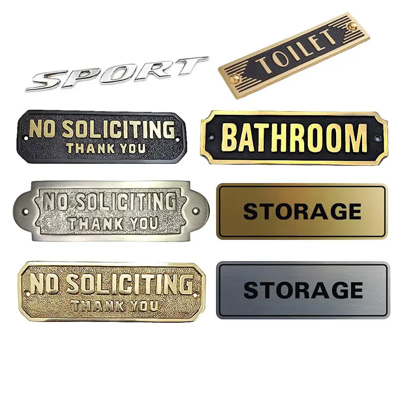Logotipo 3D de design de fábrica, emblema de marca em prata, latão e ouro, em aço inoxidável, alumínio, placa de identificação com alfinetes, placa de identificação de metal personalizada