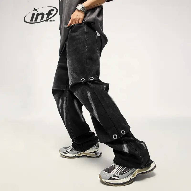 INFLATION-pantalones vaqueros con decoración de anillo de Metal, Jeans rectos anchos con arrugas, Y2K, color negro