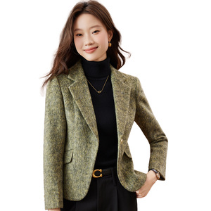 Women's Green Short Blazer Woolen Solid Color Anti Shrink Petite Fit Winter 2025 New Style High End Feel - Product Image 5