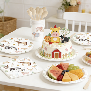 DAMAI Farm Kids Happy Birthday Party Supplies Animal <b>Pattern</b> Round Square Shape Disposable Tableware <b>Paper</b> Napkins Cups Plates - Product Image 2