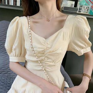 Vestido sin espalda estilo francés, mangas abullonadas, cintura elástica, cuello cruzado, color liso, uso diario informal, transpirable - Product Image 2