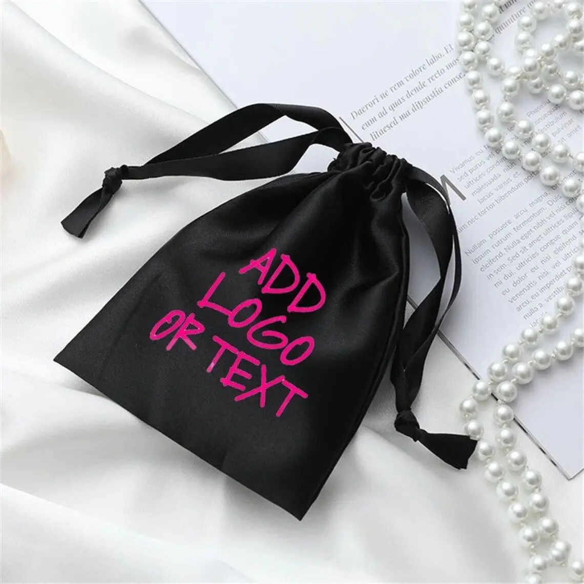 100pcs printable logo colored satin pockets silk dustproof jewelry packaging bags black drawstring pouch bags